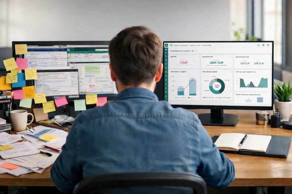 Photo of main in front of computer with many post-it notes