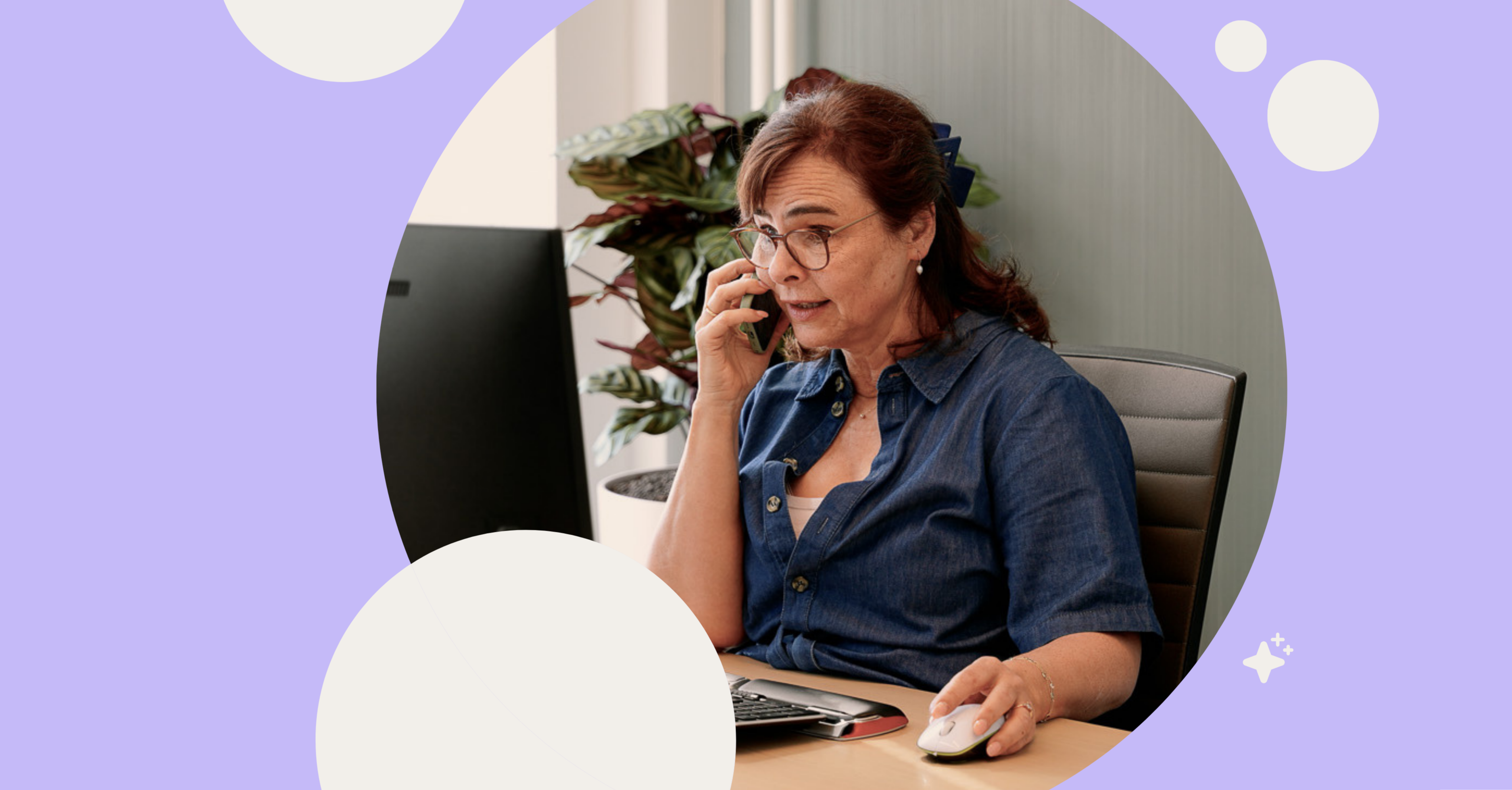 Brand image with picture of woman working in office in front of a computer