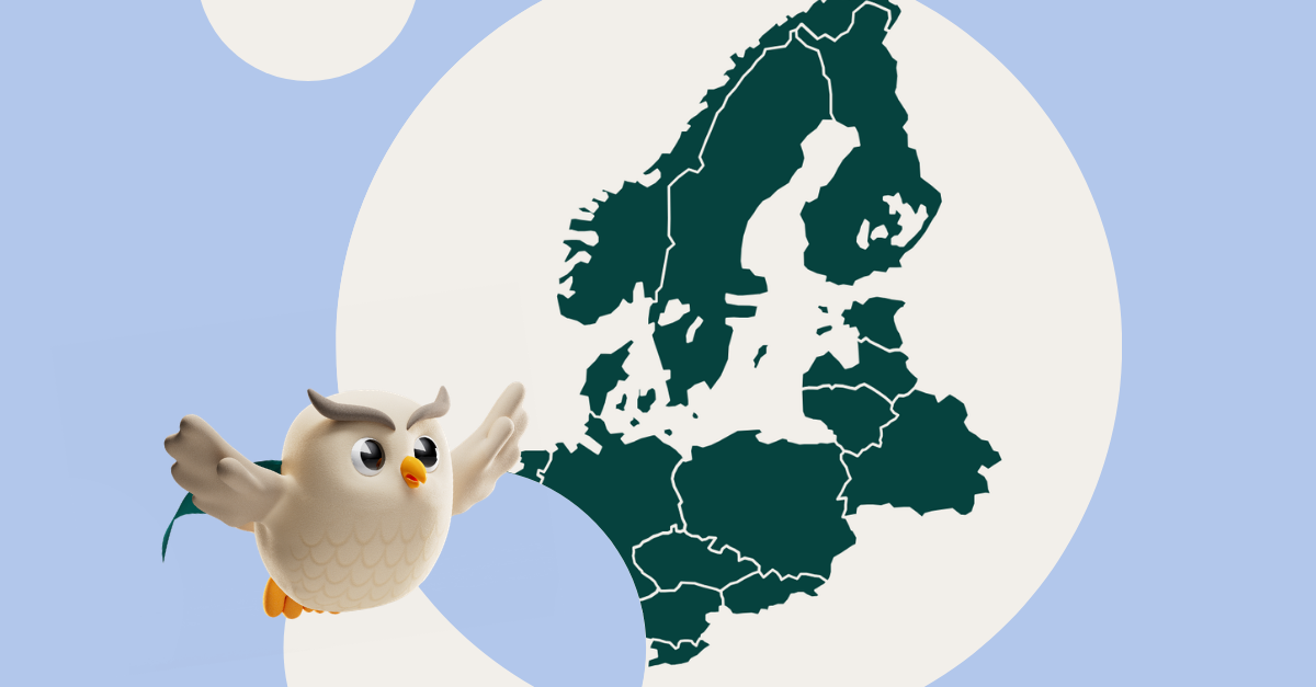 Map of Europe with SuperOffice mascot Hugo